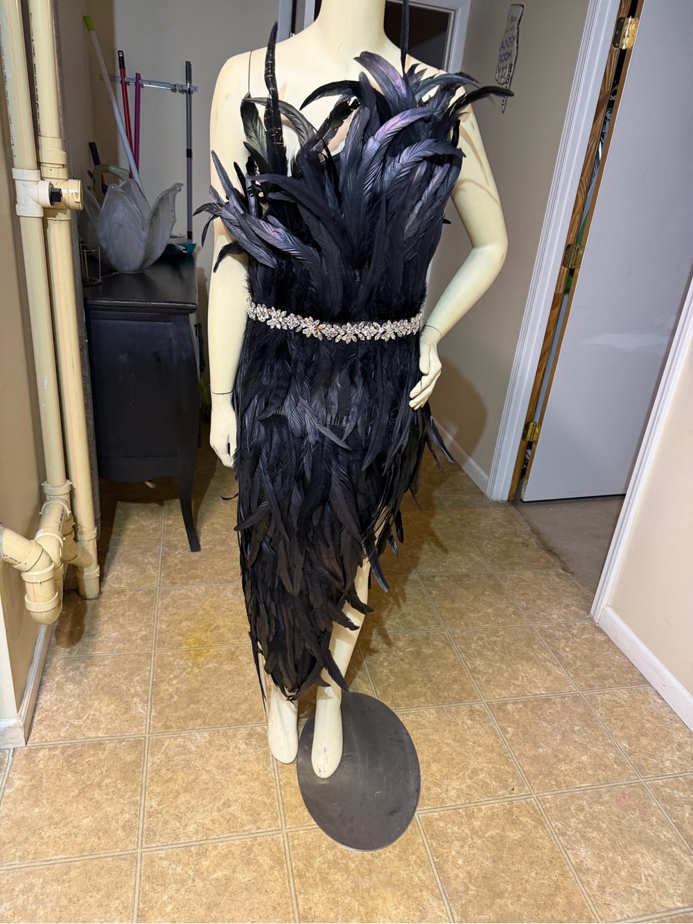 Fashion Nova Black Feather Dress with Rhinestone Belt